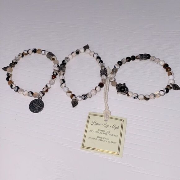 Hands + Eye + Agate Healing Bracelets Set Of 3 NWT - Picture 4 of 12